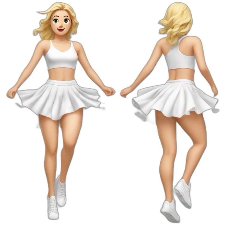hyperrealistic-full-body-caucasian-curvy-beauty-jumping-small white-skirt-back-and-front-views-strong-wind-knickers emoji