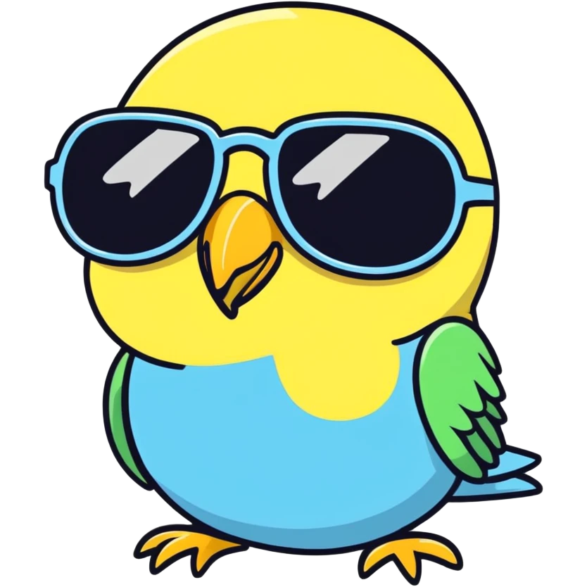 A budgie wearing sunglasses with a disdainful expression emoji