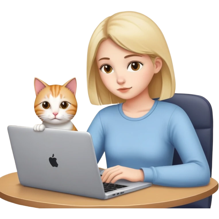 A girl is working hard on a laptop with a cat next to it emoji