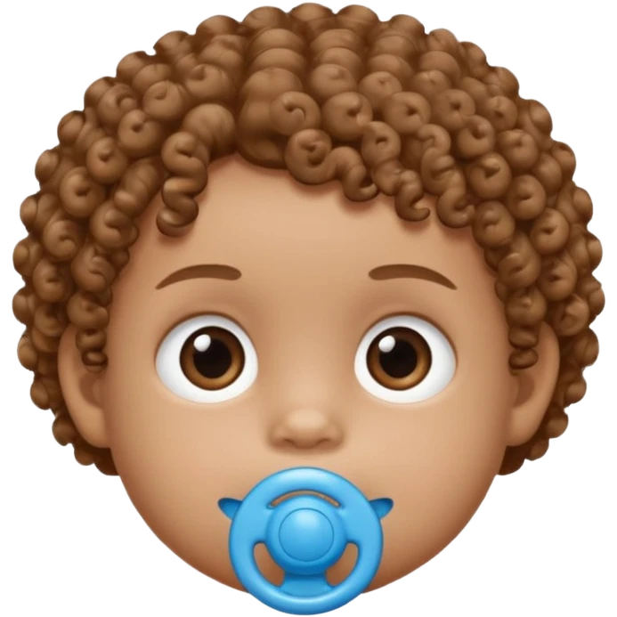 A baby with light brown skin, curly light-brown hair, wide brown eyes, and a blue pacifier.  emoji