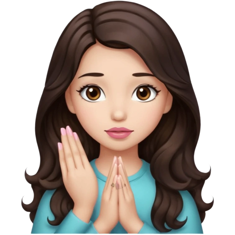 girl with wavy long glamorous dark brown hair, brown eyes, light to medium complexion, long lashes, light pink lipstick, praying emoji
