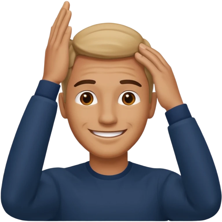 Picture of a handsome man smiling like he is very confident in himself with his hand on his head emoji