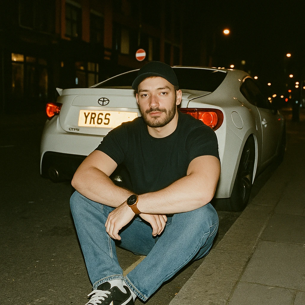 Grunge-style analog photo, London 2025, person inspired by the new reference image sitting on the curb in front of a Nissan GT 86, model pose, black t-shirt, jeans, Nike Air Jordan low, using flash, city street, analog grain, 5/8. emoji