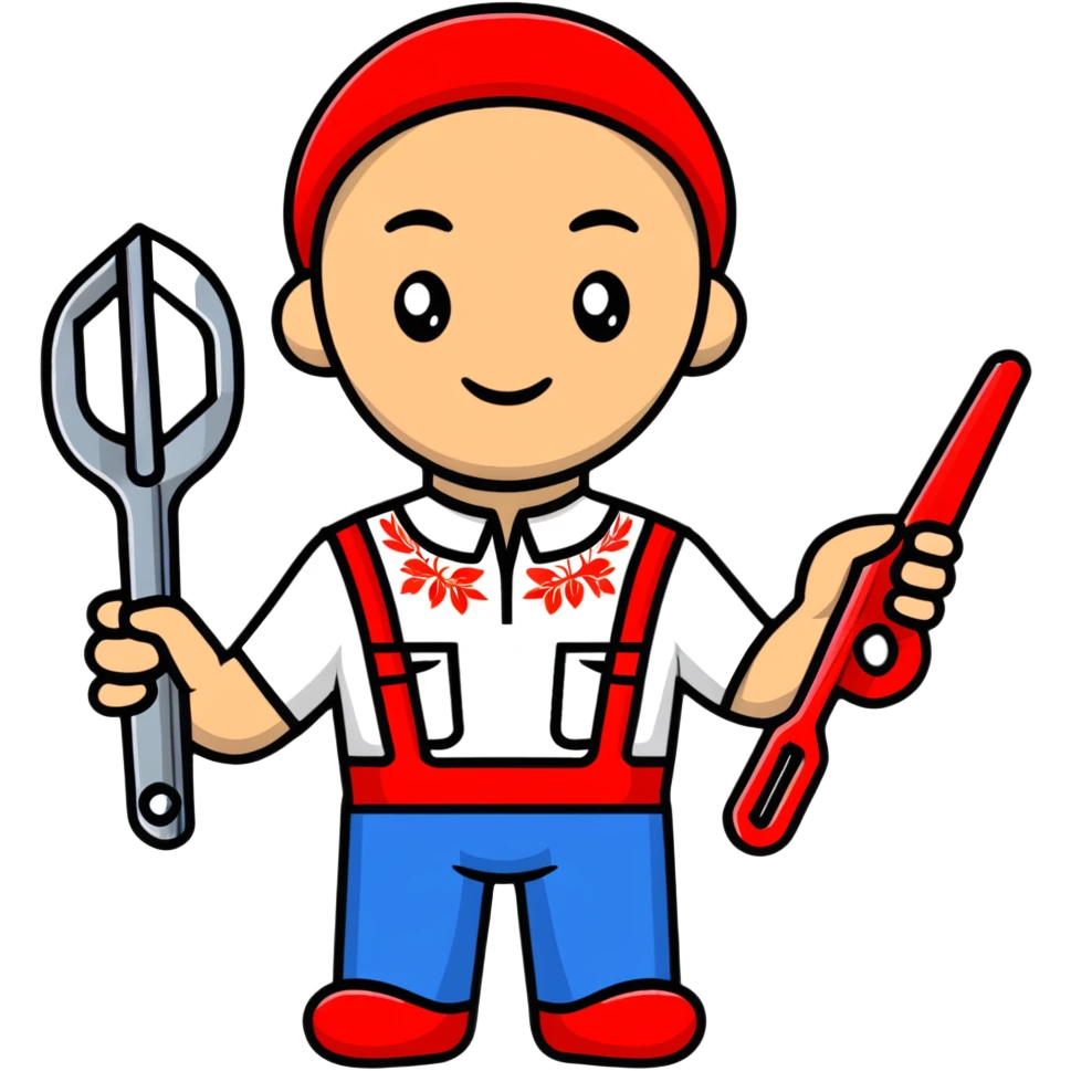 Ukrainian craftsman wearing traditional embroidered vyshyvanka shirt holding a spanner wrench and red scissors emoji