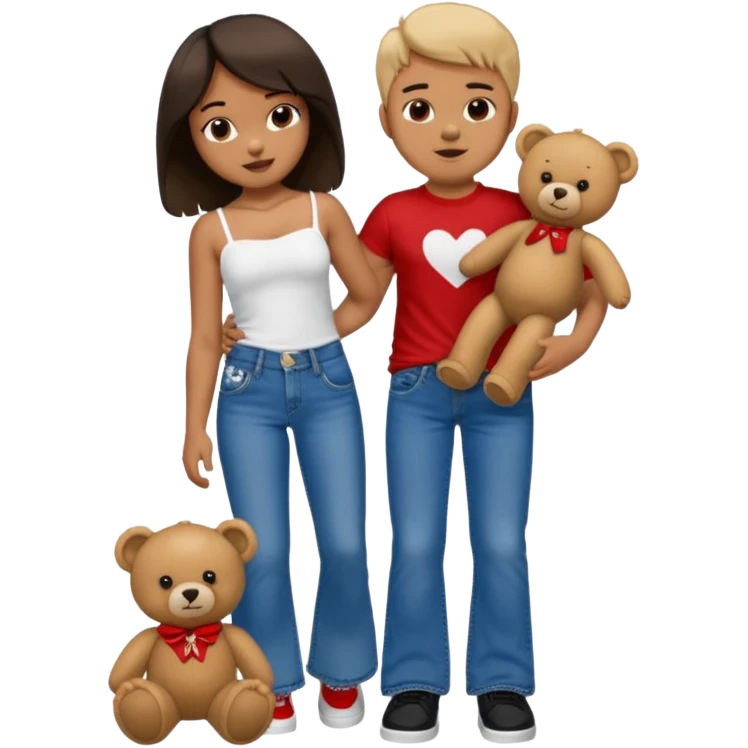 A boy and a girl teddy bear for the boy bear put on true religion shirt and jeans with black shoes and for the girl put flare jeans and a red tube top and white shoes just bears not the humans  emoji