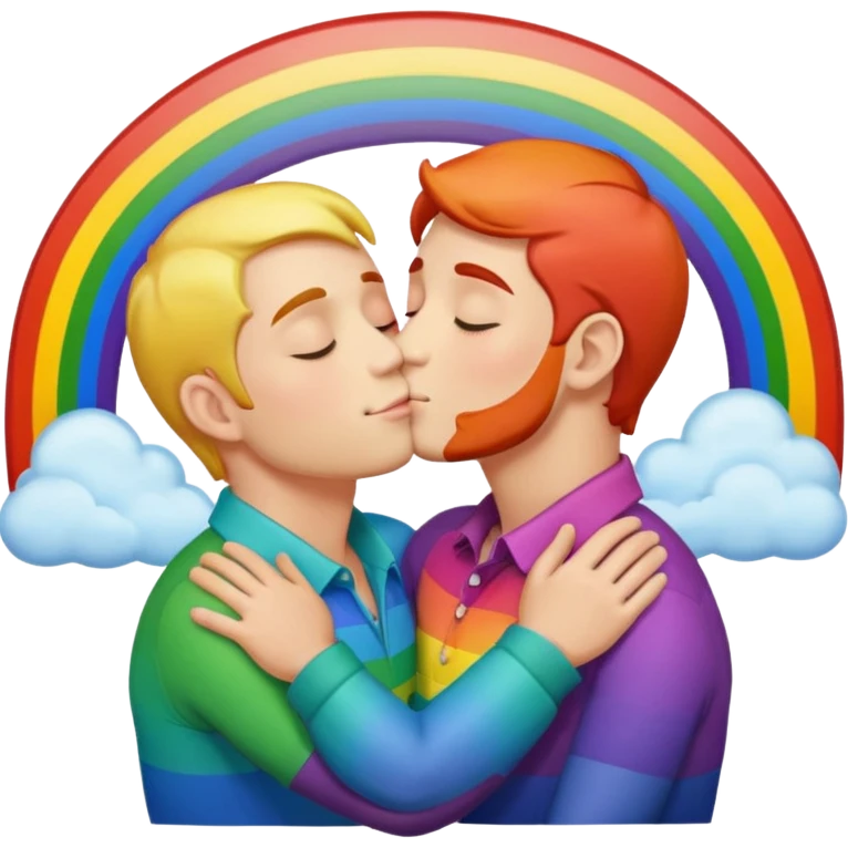 make 2 seductive men kissing and holding sitting on a rainbow emoji