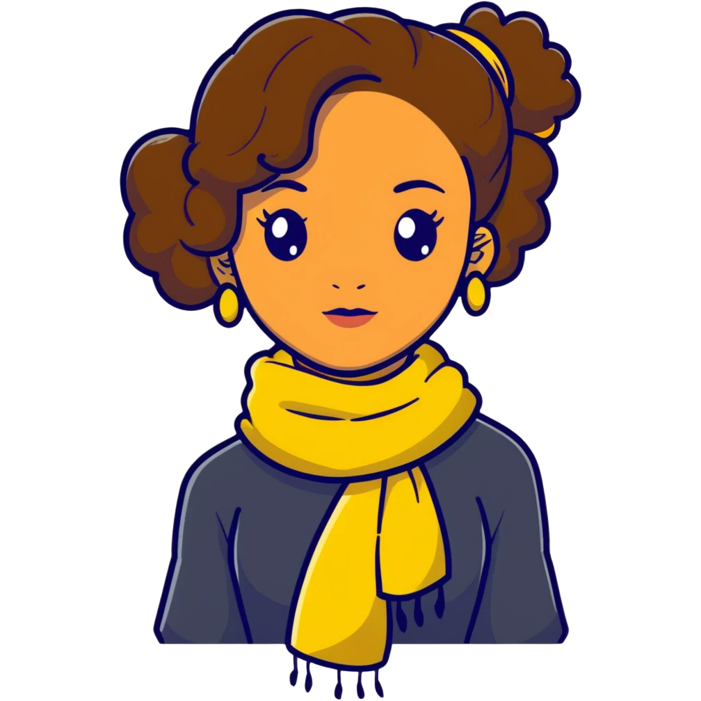 boho girl with brown skin, long curly brown hair tied high, lemon yellow scarf, round earrings emoji