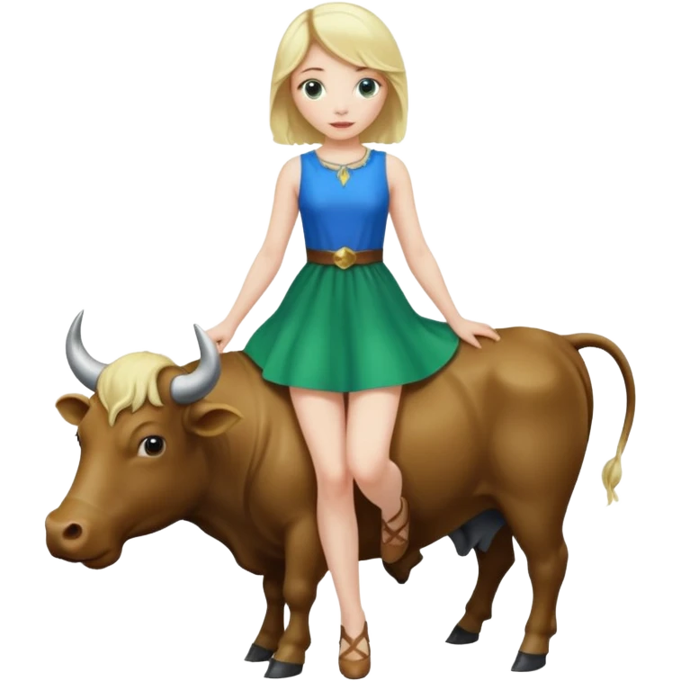 Blonde girl in standing on a bull with a blue and green dress on emoji