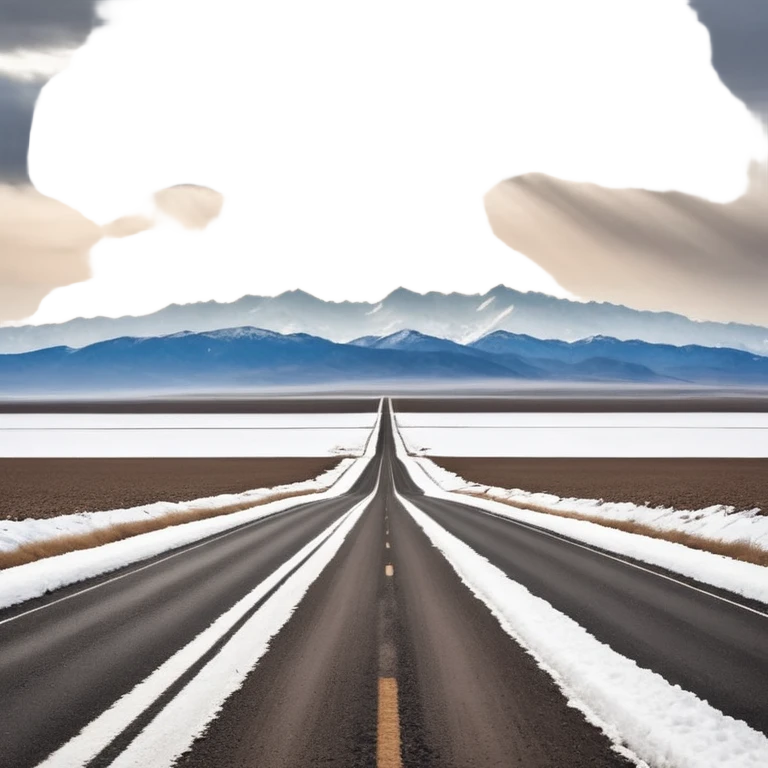 A long STRAIGHT dirt road that disappears into the horizon half way up the screen from the perspective of someone sitting in the middle of the road looking down it. Flat snow fields on both sides of the road with huge looming mountains above the roads horizon line.  emoji