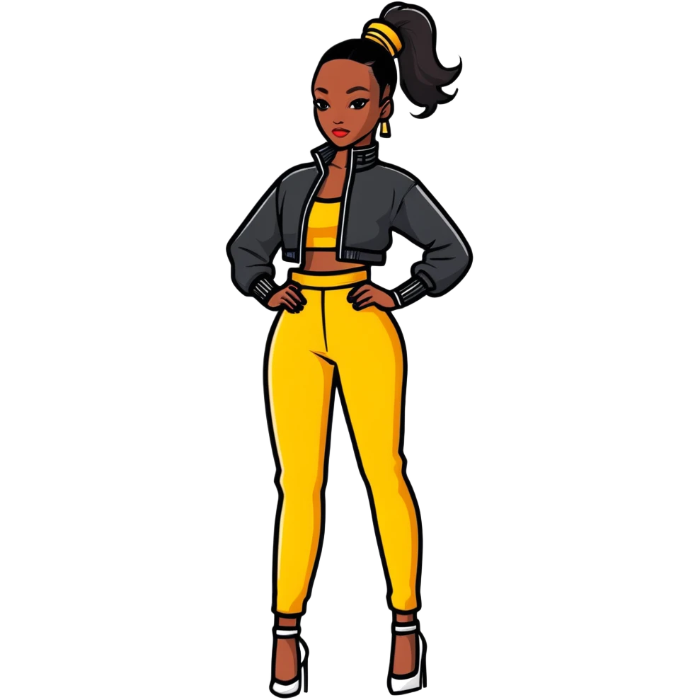 Glamorous African fashion model with tight high ponytail, catwalk pose, trendy designer outfit emoji