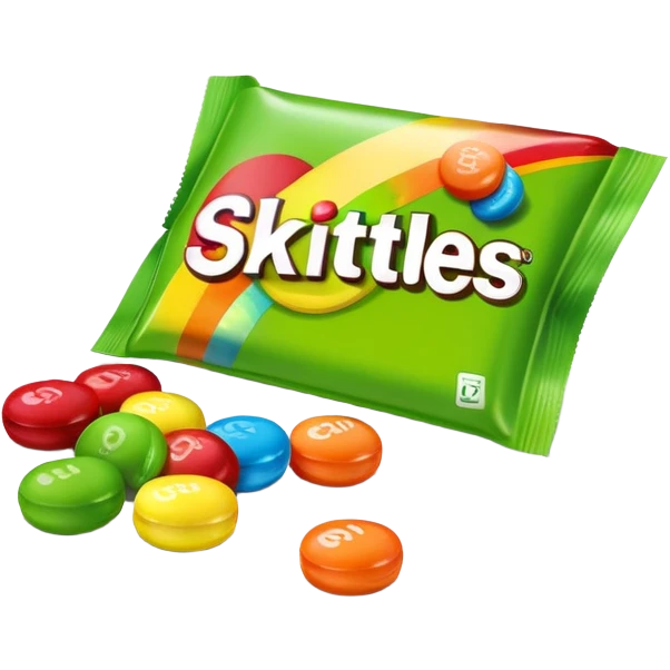 Minimalist flat design of a Skittles package. Rainbow colored simple rectangular package with just a few green round candies. Clean lines and minimal details. emoji