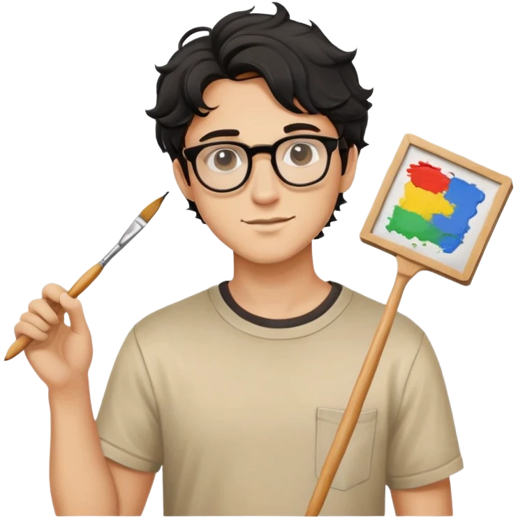Young caucasian man with black wavy hair, round glasses, beige painting shirt, holding a square paintbrush emoji