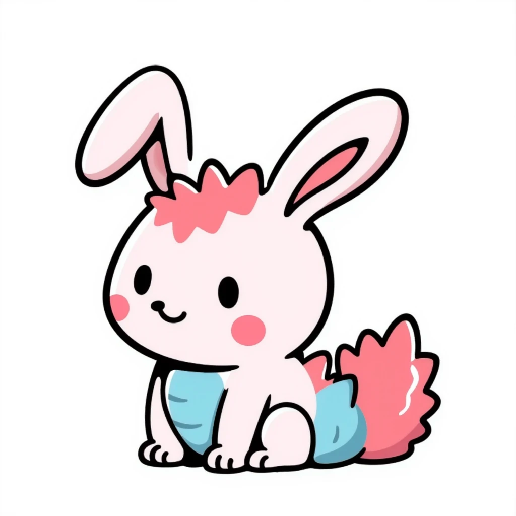 Kawaii bunny plant dragon in Sanrio style, like Hello Kitty and My Melody, tiny spikes, extremely cute, simple clean design, large head, minimal facial features, big round eyes, blushing cheeks, pastel colors with pinks and blues, clean bold outlines, small mouth, adorable expression, rounded shapes emoji