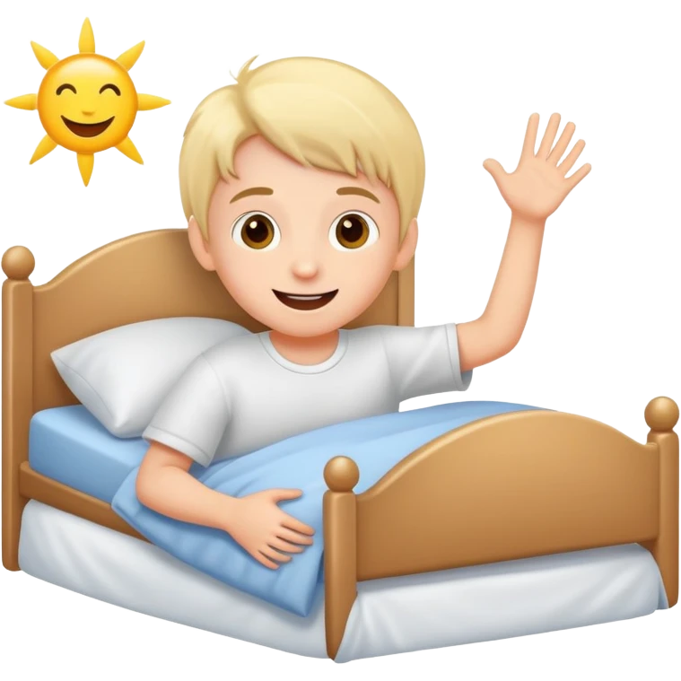 a child happily getting out of bed in the morning, bright and friendly emoji
