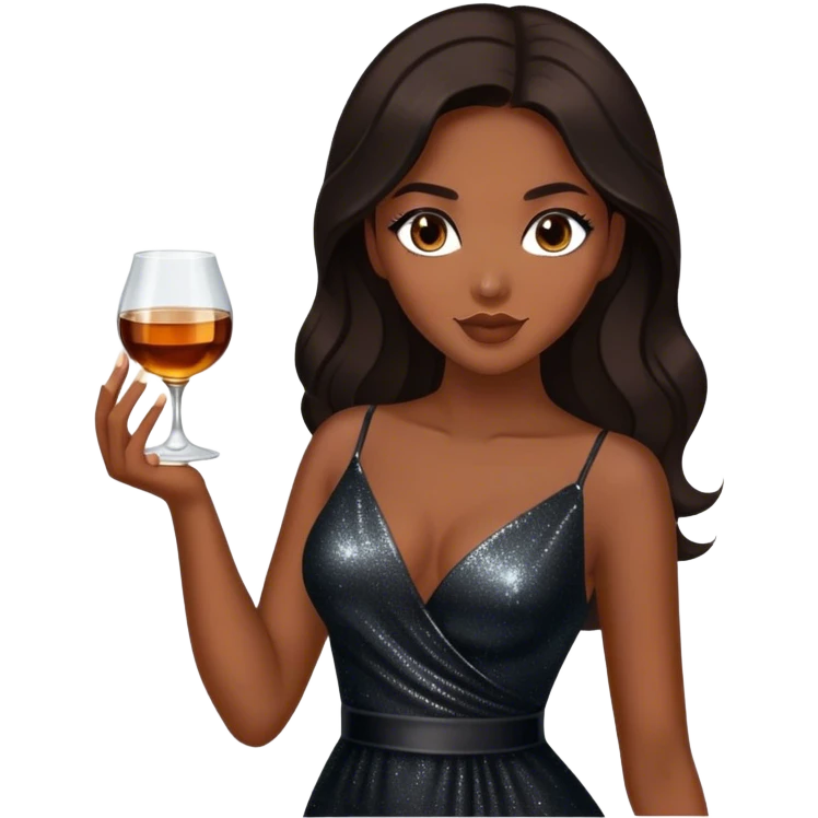 Beautiful woman in 1950’s woman fashion look, black shimmery dress, long dark brown hair, whisky with ice emoji