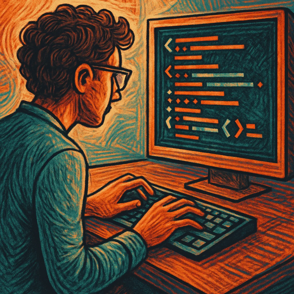 person typing code on a computer, creative illustration, detailed, unique style emoji