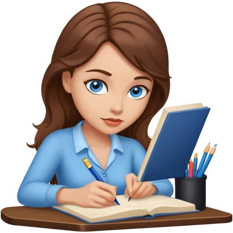 brown-haired, blue-eyed female writer writing a romance novel emoji