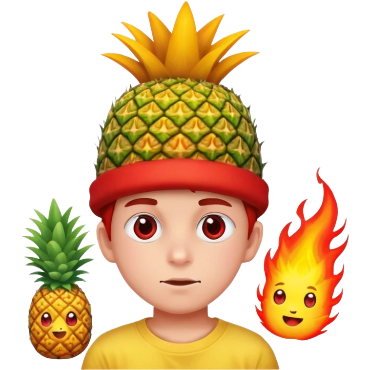 a boy with heart eyes a red face and a pineapple hat with fire emojis emoji