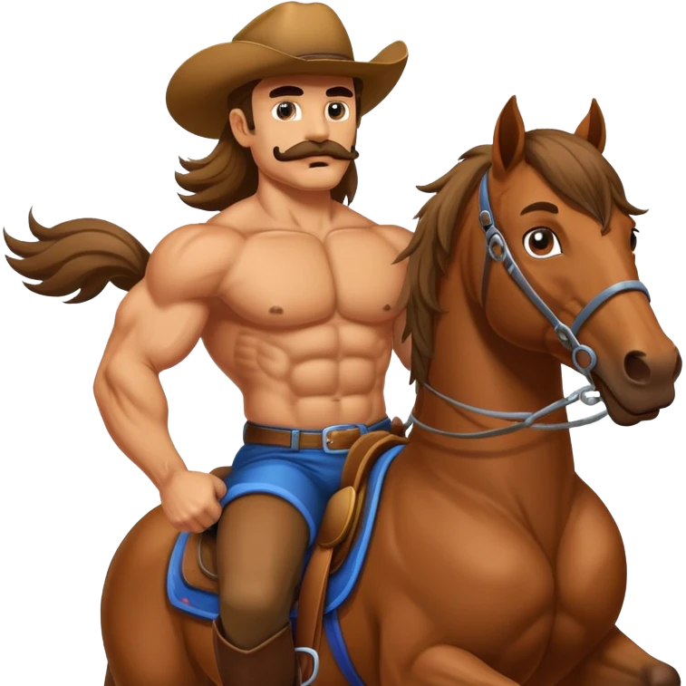 super jacked guy with a mustache and long hair and chest hair riding a horse emoji