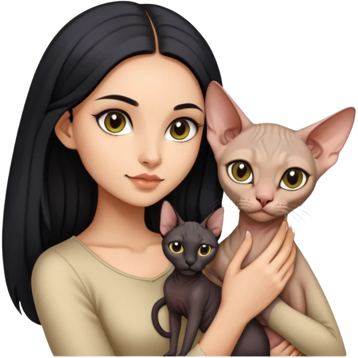 beautiful girl with long black hair holding a hairless sphinx cat emoji