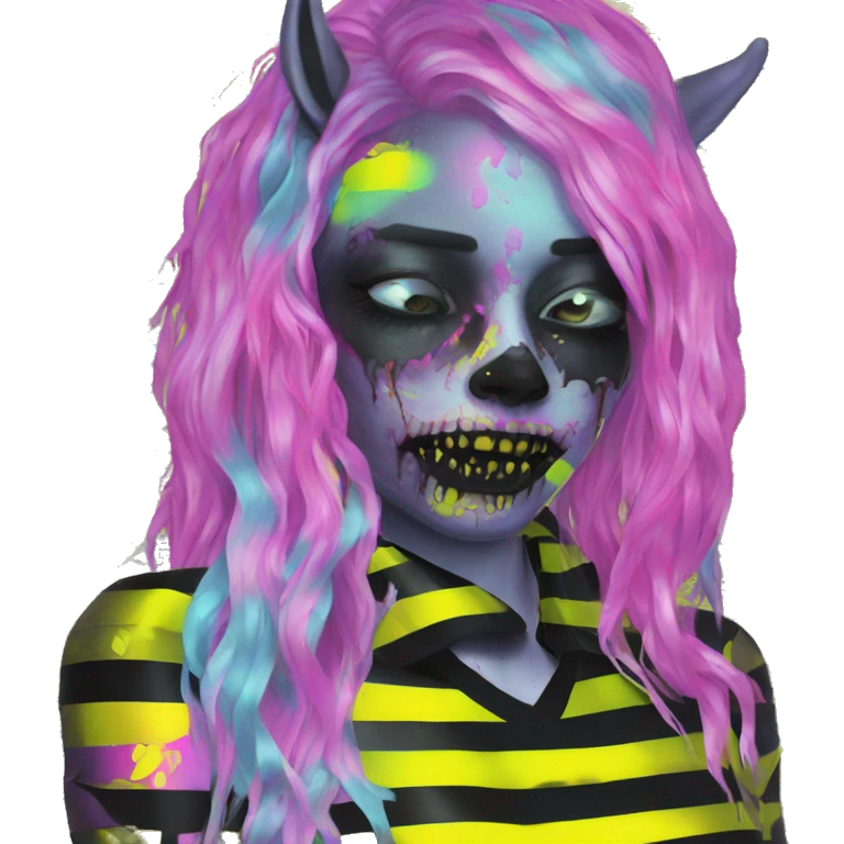 .Zombie_ Vaporwave black holographic oilslick zombie unicorn yellow caution tape and a vinyl emoji
