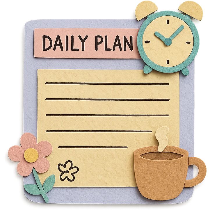 soft pastel daily planner page with coffee cup, cute clock, and flower doodles, hand-drawn style emoji
