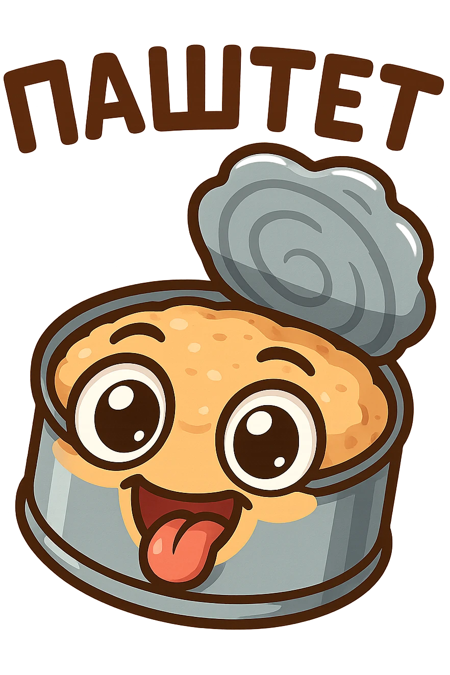 Funny chibi open pâté tin can, lid flipped open, creamy pâté visible, goofy smiling face, exaggerated big eyes, playful cartoon emoji style, thick outline, bright colors, Twitch chat emote, text "ПАСТЕТ" in Cyrillic abovee emoji