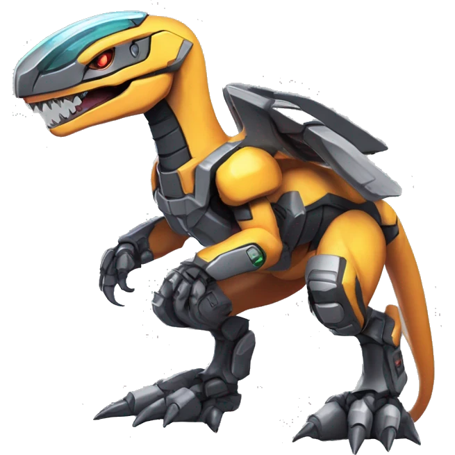 Colorful Edgy Chibi Greymon-Velociraptor-Genesect-Fakémon-Pokémon wearing a with a futuristic visor-helmet And Mecha-suit Full Body emoji