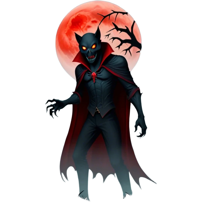 Icon for Horror Movies: A chilling collage with a monstrous werewolf or vampire, dark silhouettes, eerie graveyards, and creepy elements like spiders and tombstones. Ghostly fog surrounds, with a blood-red moon in the sky. The atmosphere is unsettling, eerie, and haunting. Transparent background. emoji