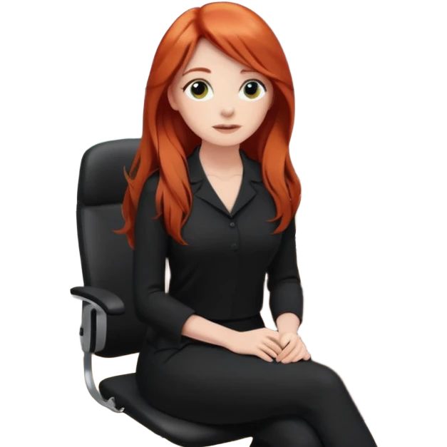 Video call therapy session: red-haired therapist with long hair wearing black minimalist clothing, seated in a professional home office, looking at the webcam; calm, modern teletherapy setting emoji