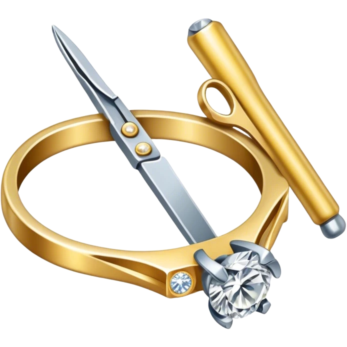Create a bright and detailed icon representing jewelry art and the craft of making jewelry. The design should feature elements like a sparkling diamond, a gold ring, a jeweler’s tools (such as pliers and a workbench), and some delicate detailing that conveys craftsmanship and luxury. The icon should be clean, vibrant, and visually striking, with a balance of sophistication and creativity. emoji