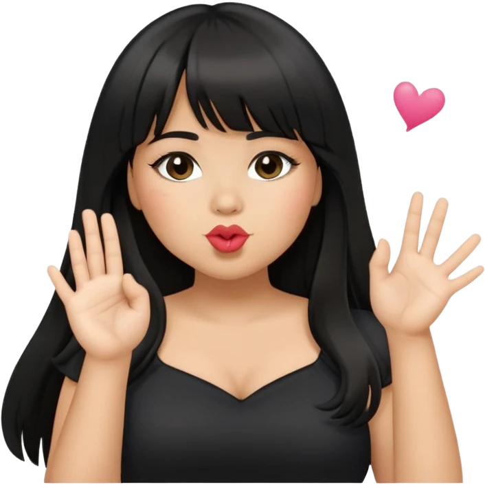 Latina girl light medium skin tone with bangs black long hair plus size black dress blowing kiss emoji