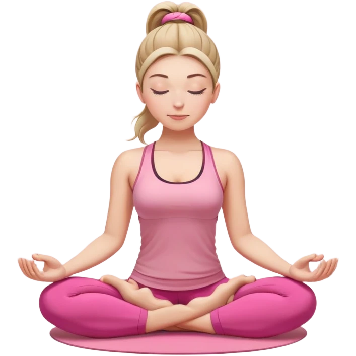 white woman with ponytail hairstyle in lotus position meditation yoga pose, closed eyes, relaxed face, wearing pink yoga outfit emoji