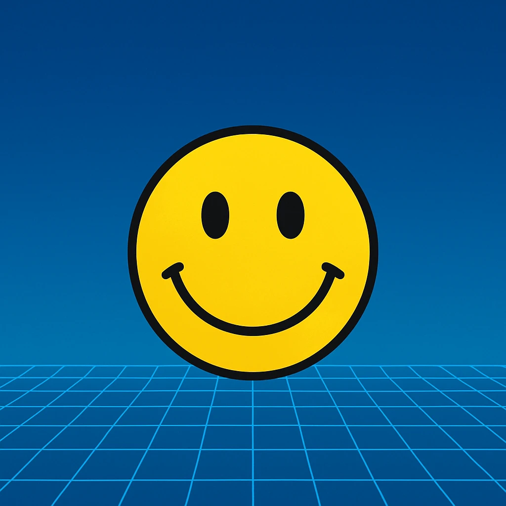 Frame 6: Background is more blue than gradient, grid lines about halfway drawn, smiley face unchanged emoji