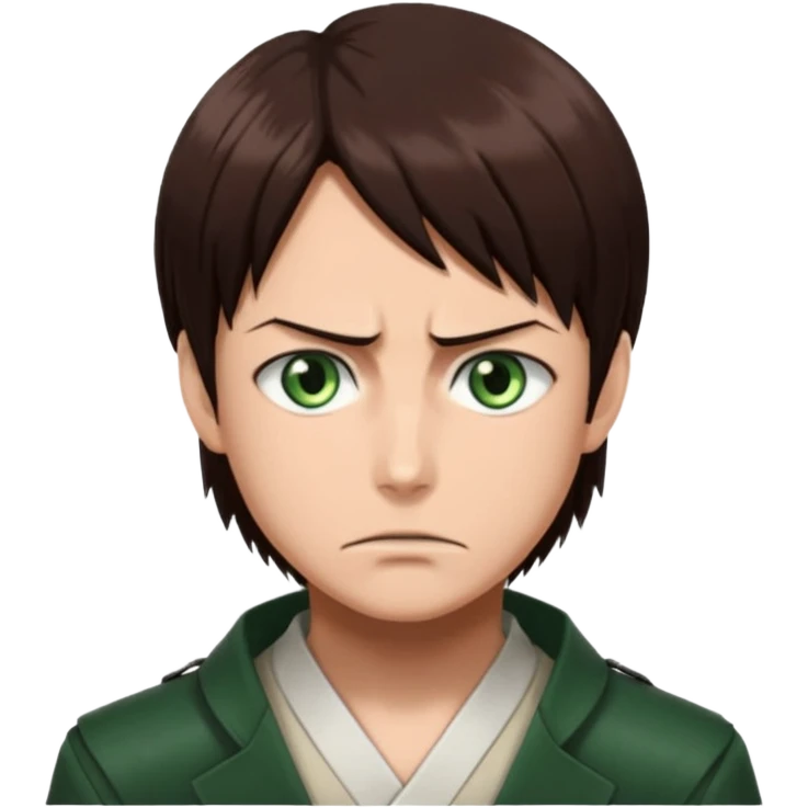 “Create an avatar that looks like Eren Yeager from Attack on Titan, Season 3 — sharp jawline, tied-back long brown hair, intense green eyes, serious expression.” emoji