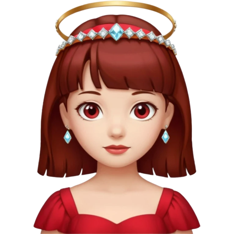   فرشته با موی چتری و لباس قرمز و موی خرمایی تیره و سربند یاقوت و الماس emoji