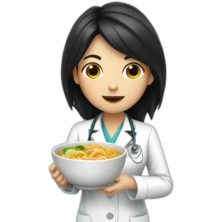 female doctor with dark hair eating ramen bowl emoji