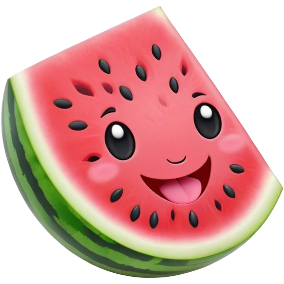 Cute Kawaii Watermelon Slice, juicy and vibrant, soft pastel green rind with pink flesh, tiny black seeds shaped like hearts, an adorable happy face with cute round eyes, bursting with summer energy! emoji