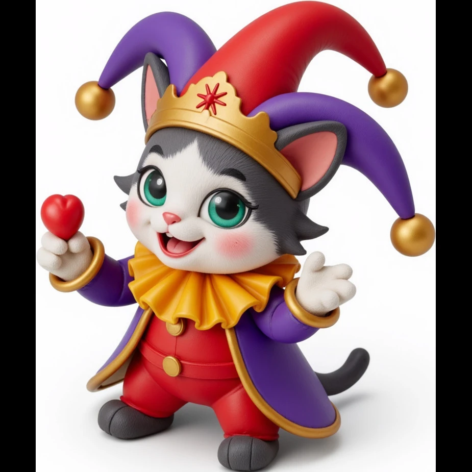 crazy colorful cute little cat jolly joker from poker, medieval, vintage, court jester, mac os icon, purple, gold and red color, half body. Squared shape as 3D mac os icon emoji