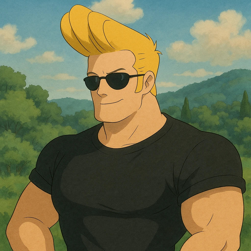 Johnny Bravo cartoon character, muscular man with yellowish blonde hair, wearing sunglasses and a black t-shirt, in Ghibli art style emoji