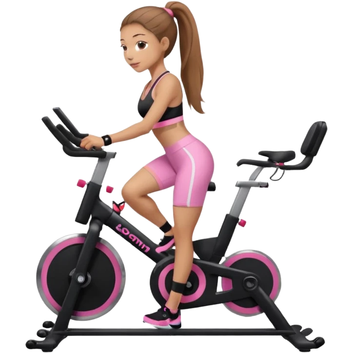 Light skin girl with long light brown hair in a pony tail, black workout set leaning on a indoor spin bike with NO HELMET, can we add a pink sports bra  emoji