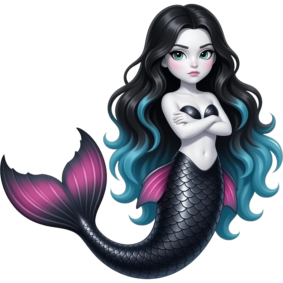 Seja sereia com cauda preta e rosa e cabelo preto e umas mexas azuis na parede das pontas e que o cabelo seja enorme , que seja branca e esteja com os braços cruzados e esteja séria, e que ela tenha o olho preto verdinho emoji