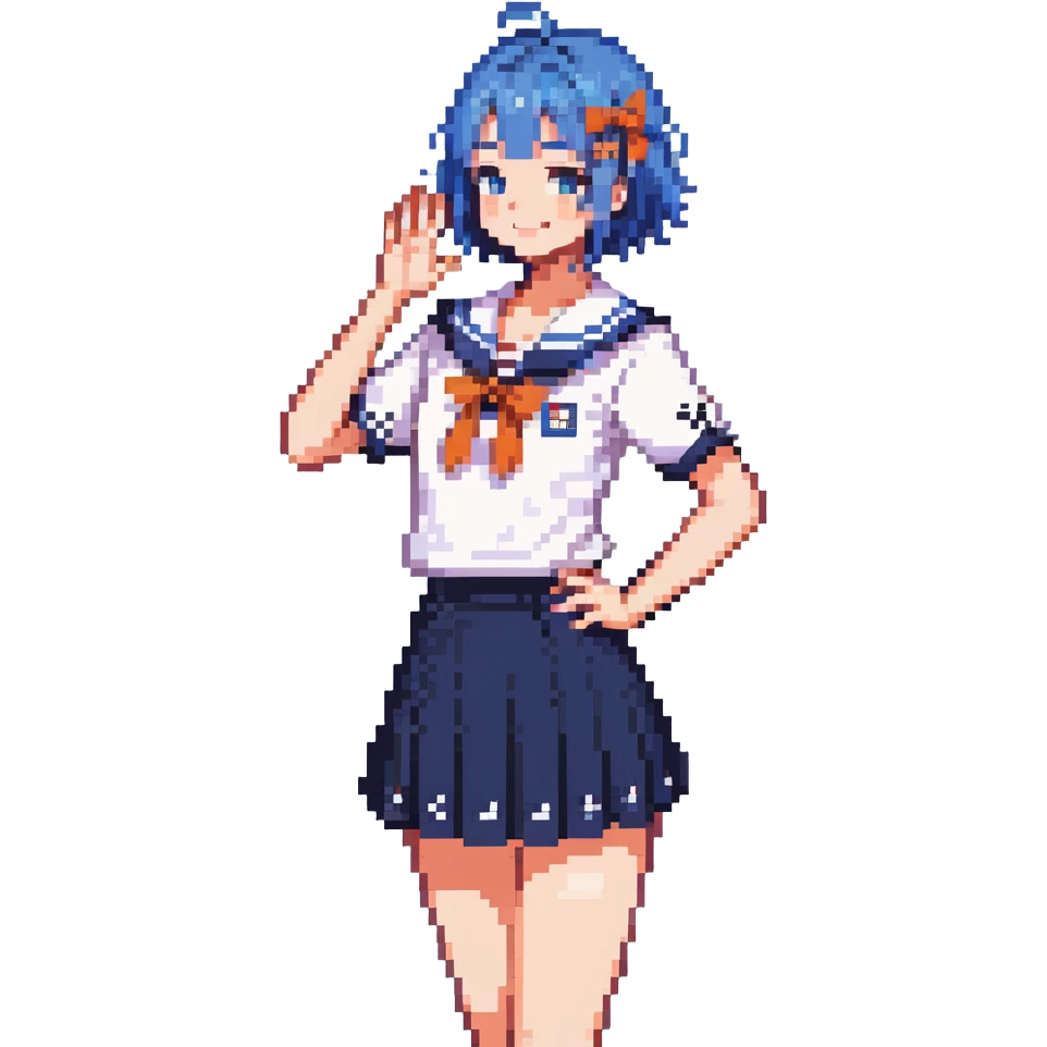 Pixel art anime girl with short bright blue hair wearing Japanese sailor style school uniform, composed posture with hand on hip but shyly waving with other hand, blushing face and timid smile, very shy expression emoji