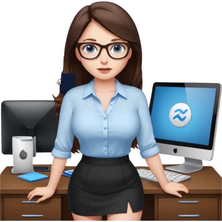 sexy woman brunette, very large breasts, pale skin, blue eyes, long brown hair, white blouse, short black skirt. office.  emoji