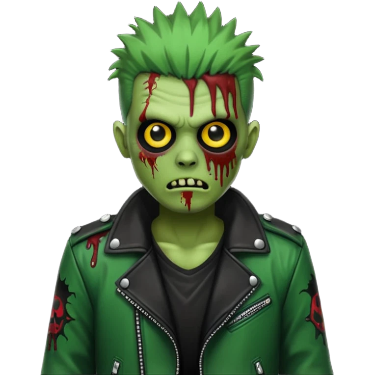 Hombre zombie de piel verde con chaqueta de cuero punk, pelo negro emoji