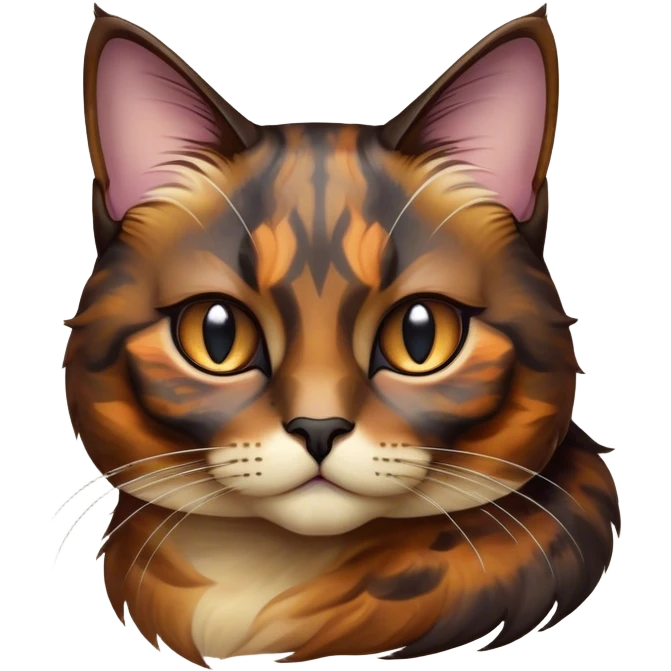 Cinematic Noble Tortoiseshell Cat Portrait Emoji, Poised and dignified, showcasing a luxurious, mottled fur of rich browns and blacks, with elegantly arched whiskers and a determined yet gentle expression, simplified yet meticulously detailed, glowing with a subtle, regal radiance, high shine, embodying quiet nobility and refined charm, soft glowing outline, capturing the essence of a sophisticated tortoiseshell cat exuding quiet authority! emoji