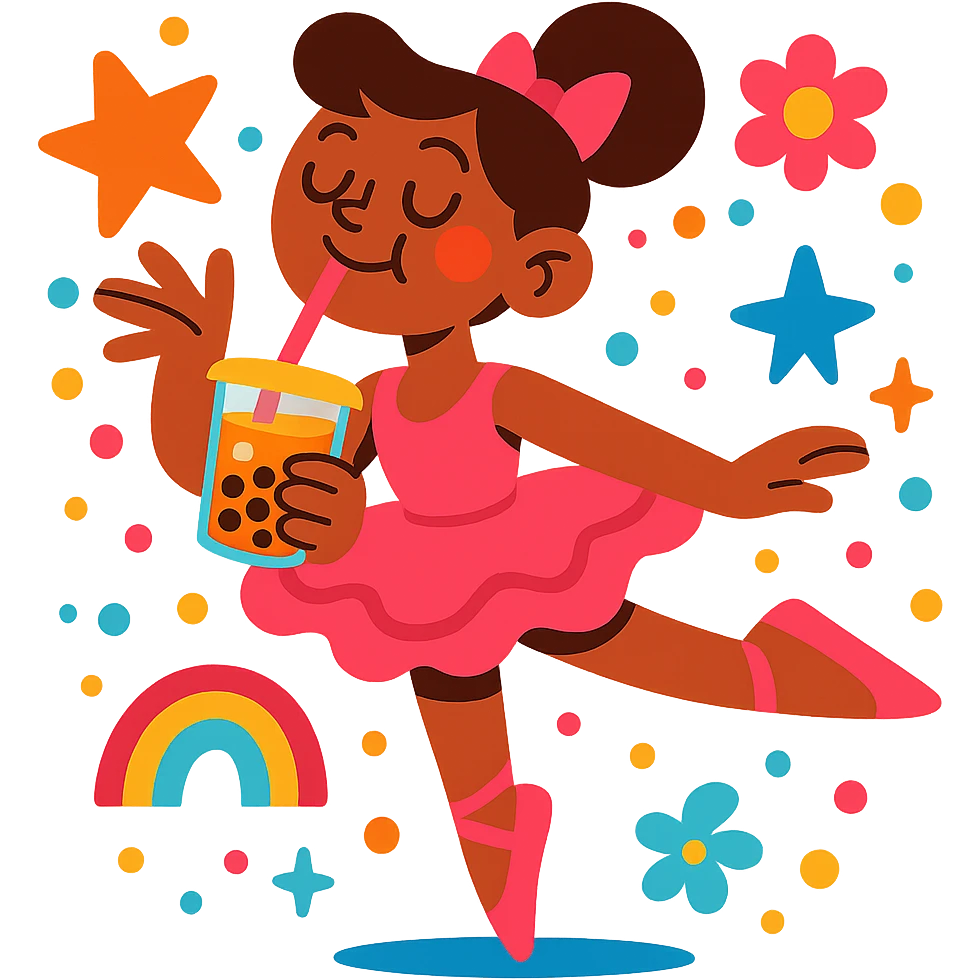 a whimsical ballerina enjoying boba, lighthearted, vibrant toon style, joyful and colorful emoji