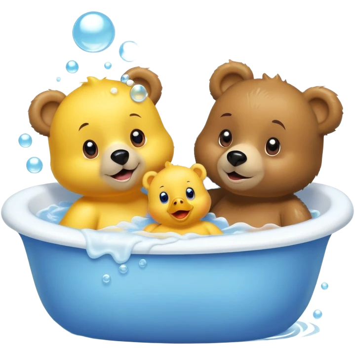 Make a bear and a baby bear take a bath in the tub  with rubber duckies and bubbles  emoji