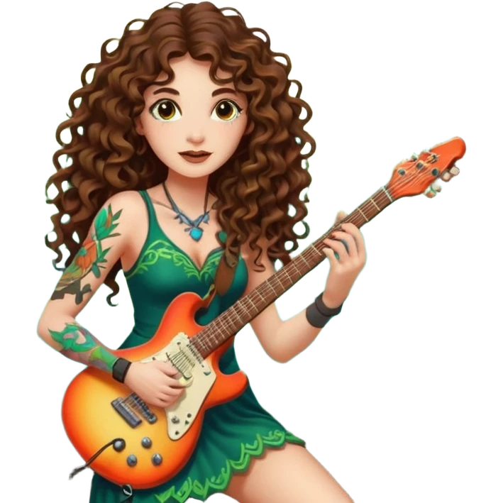 woman with long curly brown hair, brown eyes, white skin, tattoos, playing a root-shaped electric guitar that grows leaves from the strings, psychedelic glow, forest stage aura emoji