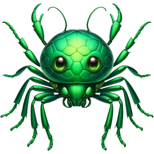 Cinematic Cute Green Bugdie Portrait Emoji, Head tilted playfully and inquisitively, featuring a glossy, vibrant emerald exoskeleton with intricate patterns, round, sparkling multifaceted eyes filled with curiosity, Simplified yet irresistibly adorable features, highly detailed, glowing with a warm, friendly glow, high shine, affectionate and lively, stylized with a touch of whimsy, bright and endearing, soft glowing outline, capturing the essence of a mischievous yet charming bug, so playful it feels like it could buzz out of the screen and into your arms! emoji